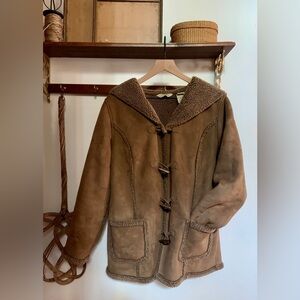 LL Bean Womens Faux Suede Fur Coat Toggle Hooded Sherpa Shearling Medium Brown